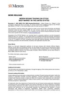 Meren Begins Trading on OTCQX Best Market in the United States (CNW Group/Meren Energy Inc.)